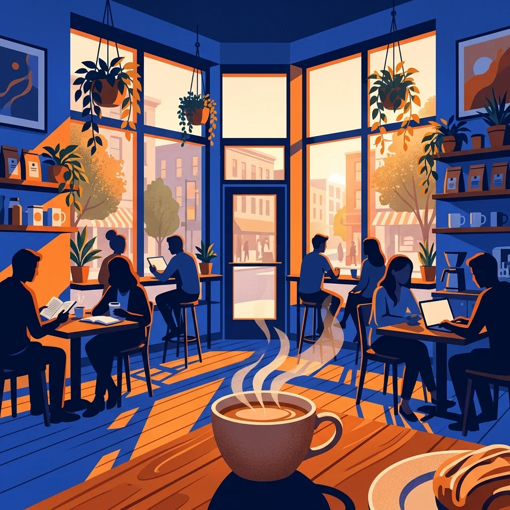 Flat illustration of a coffee shop at golden hour created from a detailed creative-director style prompt