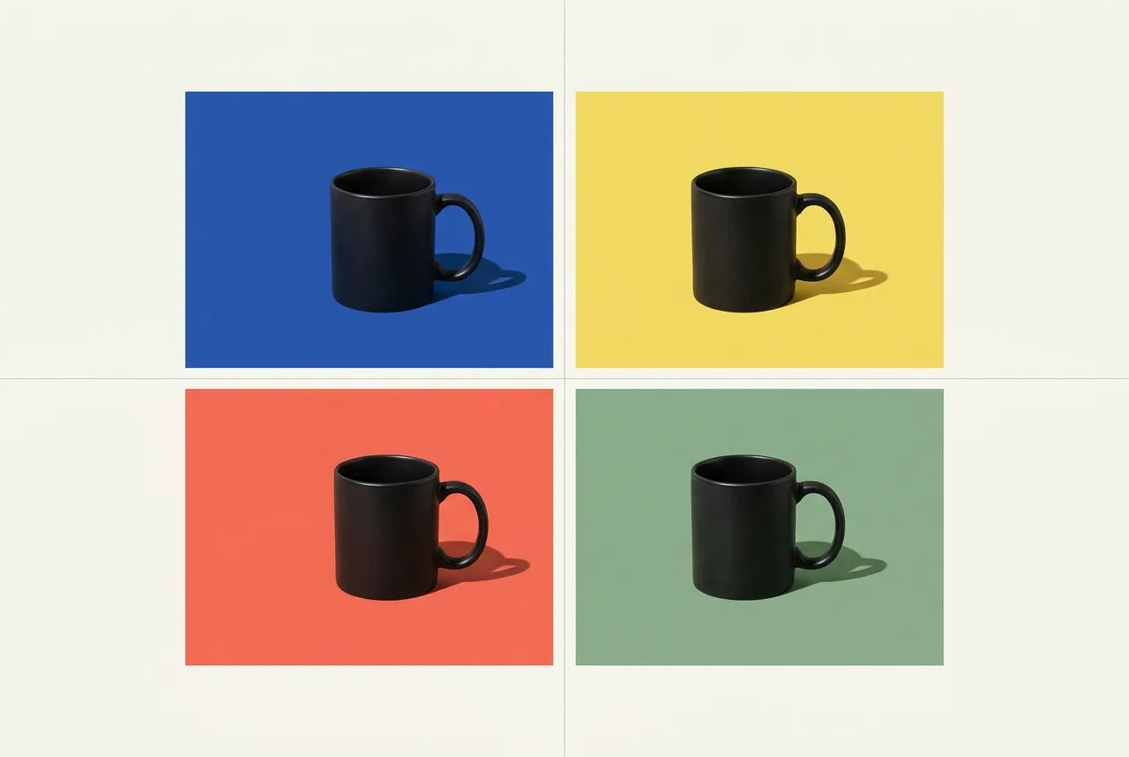 The same black mug photographed on four different color backdrops